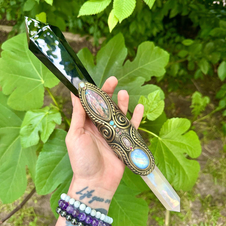 XL Black Obsidian Wand , Angel Aura Rose Quartz Labradorite Rainbow Moonstone Australian Opal Morganite Ruby Wand - FairyGardenGlow