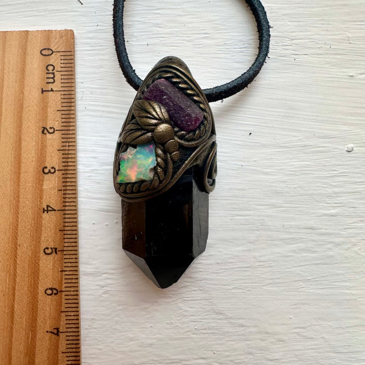 Smoky Quartz Ruby and Raw Opal Necklace - FairyGardenGlow