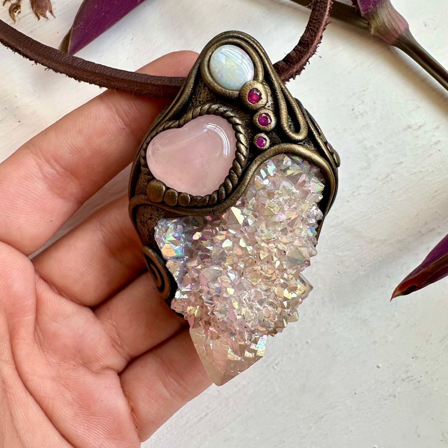 Angel Aura Spirit Quartz Rose Quartz Heart Australian Opal and Ruby Wand / Necklace - FairyGardenGlow