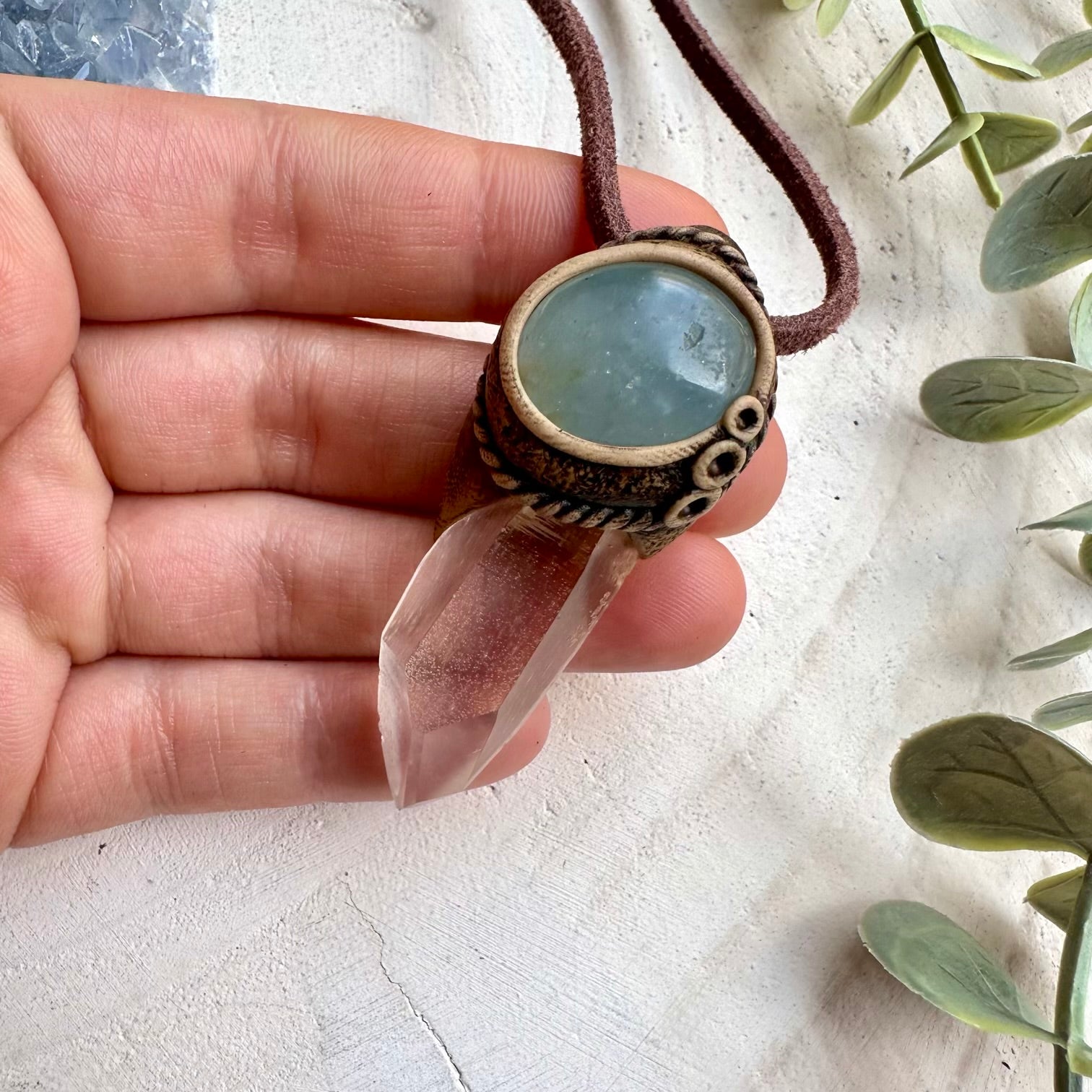 Lemurian Seed Quartz and Celestite Necklace, Healing Crystal Pendant