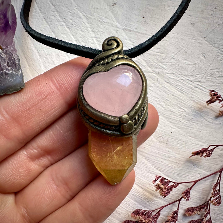 Sunset Aura Quartz and Rose Quartz Heart Necklace - FairyGardenGlow