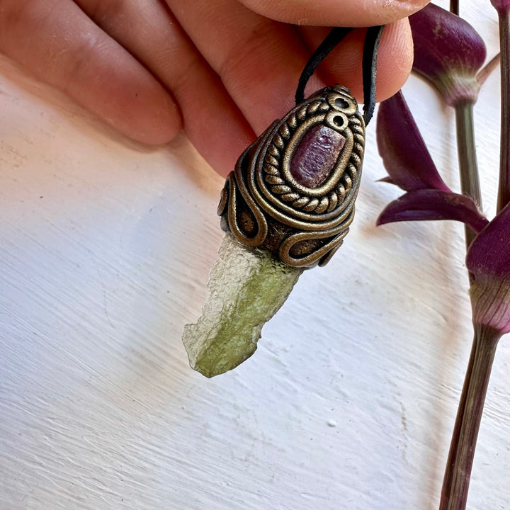 Moldavite and Ruby Necklace - FairyGardenGlow