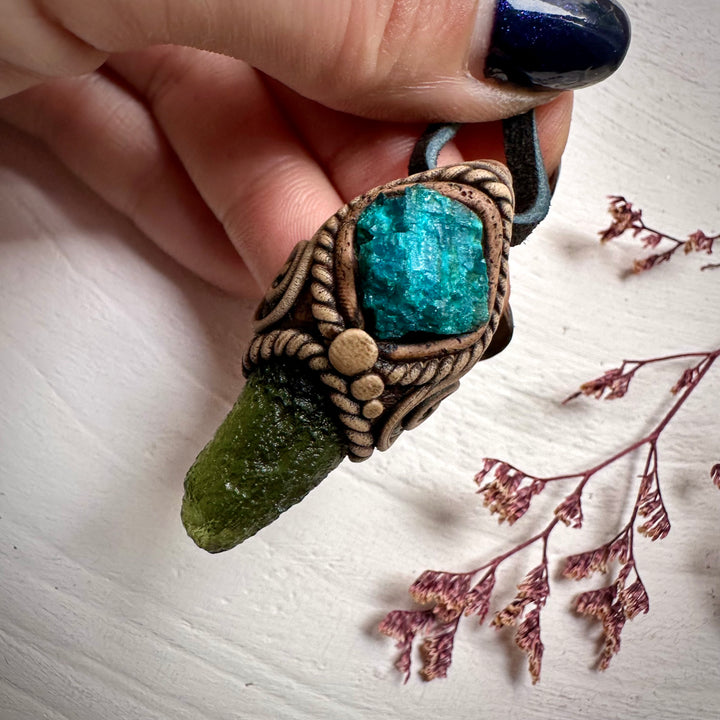 Moldavite and Raw Chrysocolla Necklace - FairyGardenGlow