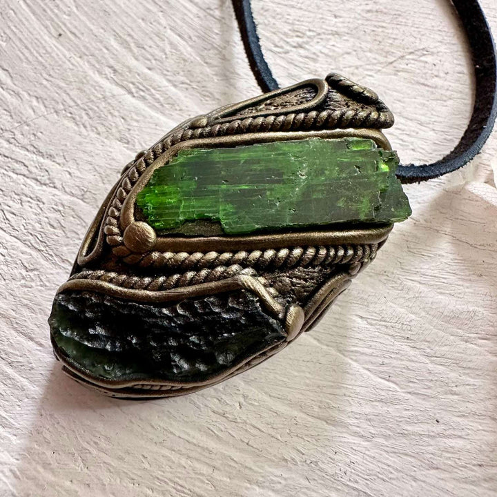 Chrome Diopside and Moldavite Necklace - FairyGardenGlow