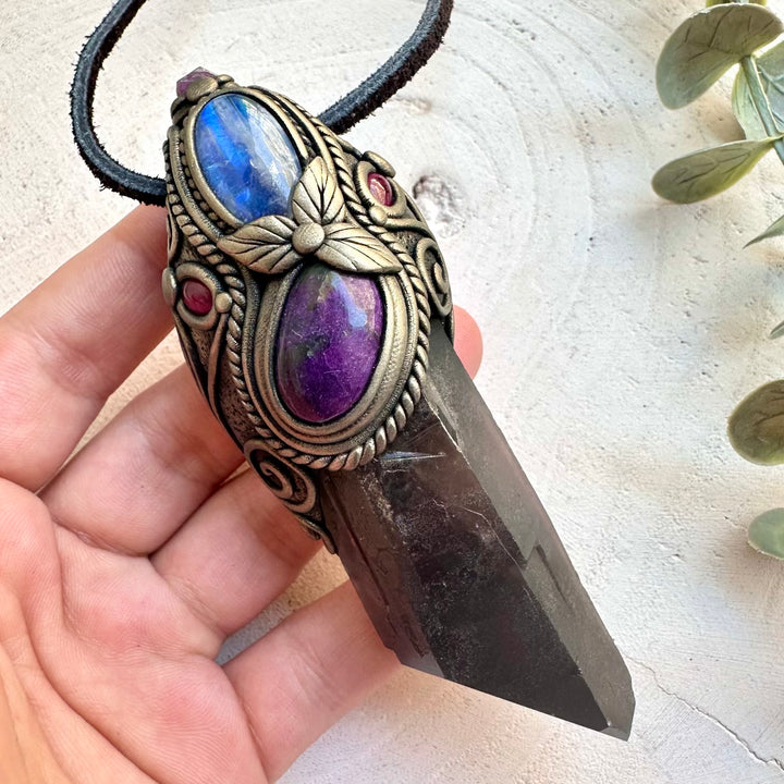 Natural gemstone wand pendant with ruby and moonstone