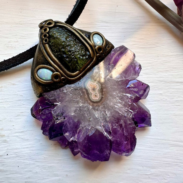 Amethyst Stalactite Moldavite and Australian Opal Necklace - FairyGardenGlow