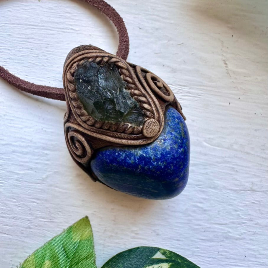 Lapis Lazuli and Moldavite Necklace - FairyGardenGlow