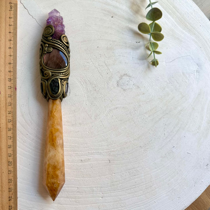 Golden Healer Quartz crystal wand handcrafted with Purple Spirit Quartz, Labradorite, Amethyst and Moldavite.