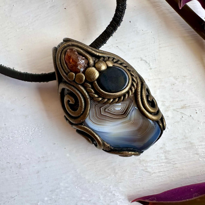 Botswana Agate Black Onyx and Hessonite Garnet Pendant Necklace - FairyGardenGlow