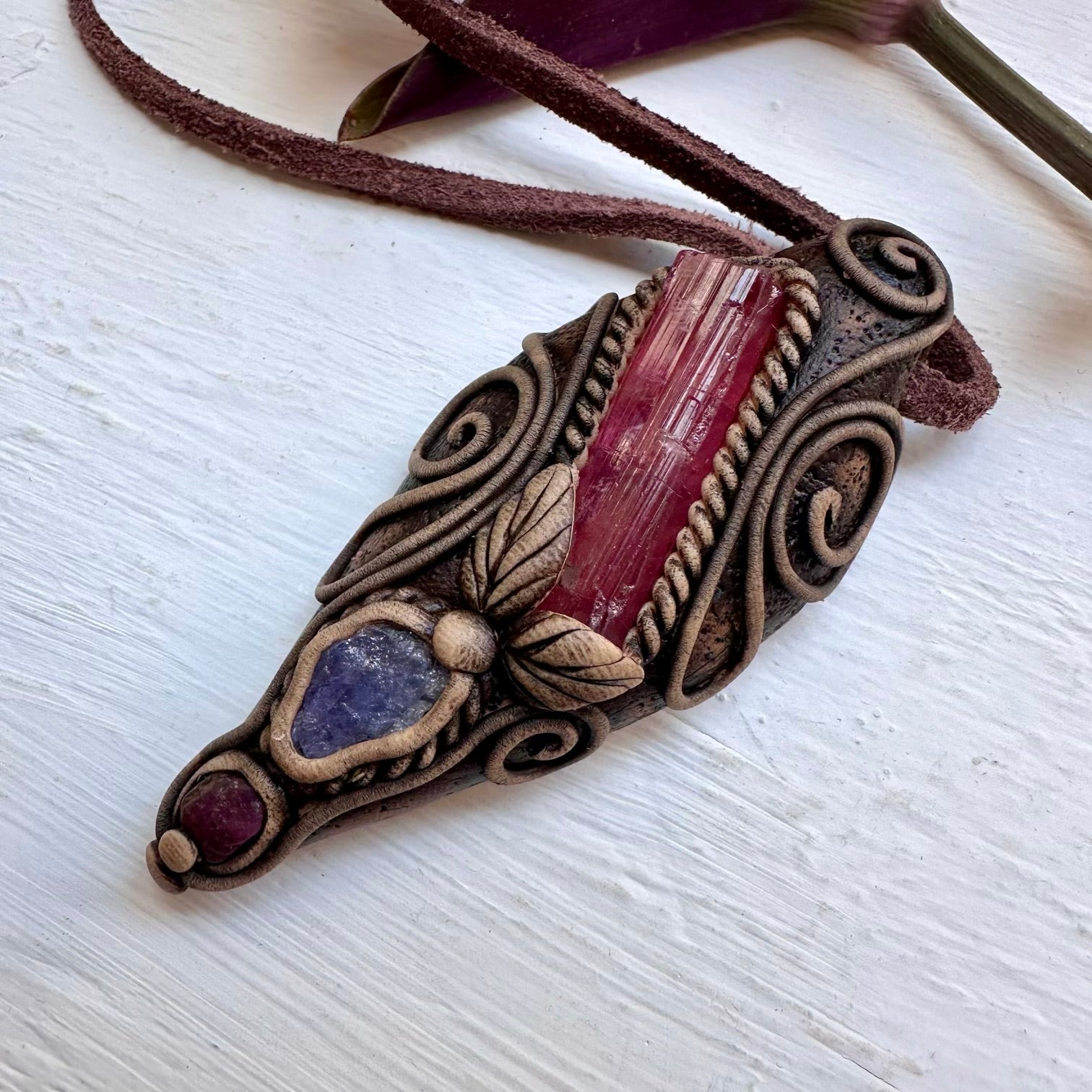 Pink Tourmaline Tanzanite and Ruby Necklace - FairyGardenGlow