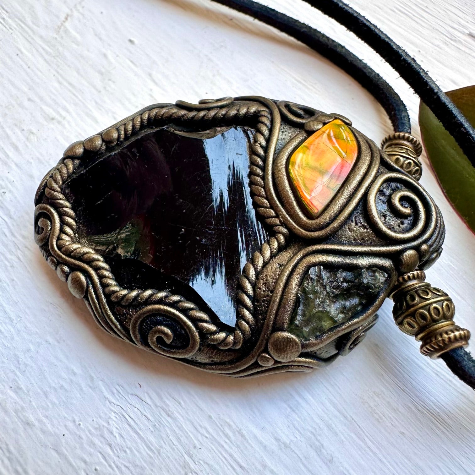 Black Obsidian Ammolite and Moldavite Necklace - FairyGardenGlow