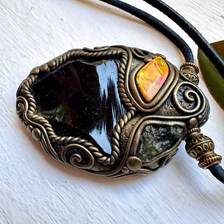 Black Obsidian Ammolite and Moldavite Necklace - FairyGardenGlow