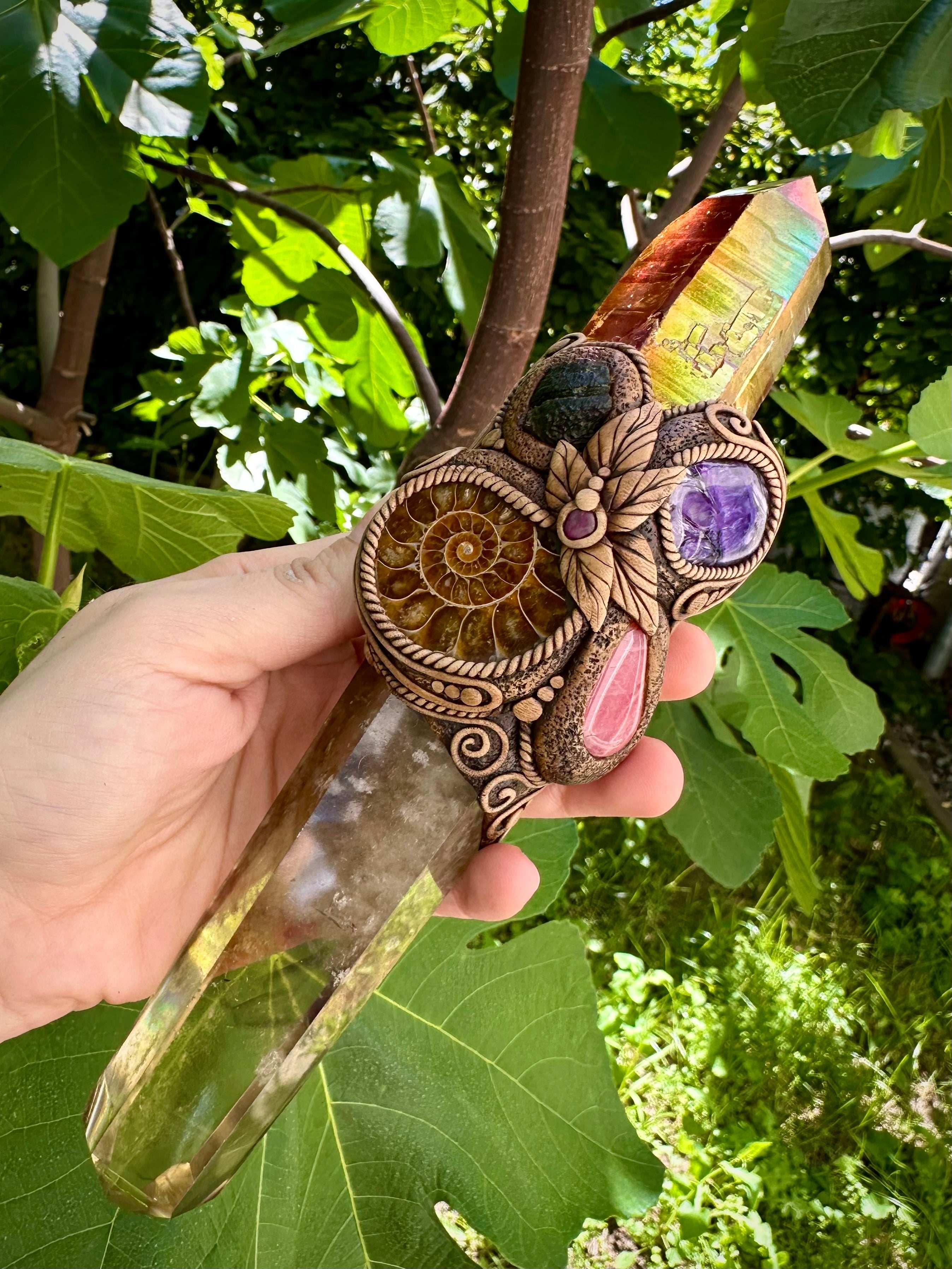 Crystal Wand - Citrine, Sunset Aura Quartz, Ammonite, Rhodochrosite, Charoite, Moldavite and Ruby - FairyGardenGlow
