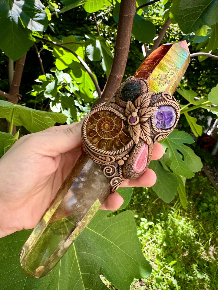 Crystal Wand - Citrine, Sunset Aura Quartz, Ammonite, Rhodochrosite, Charoite, Moldavite and Ruby - FairyGardenGlow