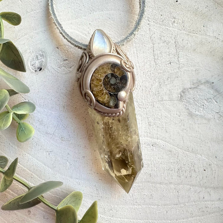 Healing crystal wand necklace fantasy jewelry citrine ammonite pendant