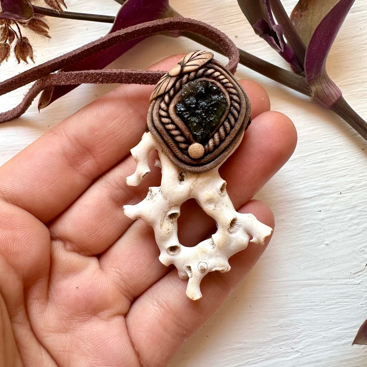 White Coral and Moldavite Pendant Necklace - FairyGardenGlow