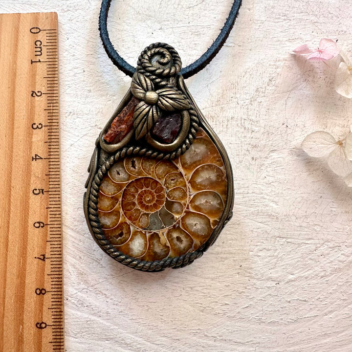 Ammonite Red Garnet and Orange Kyanite Pendant Necklace - FairyGardenGlow