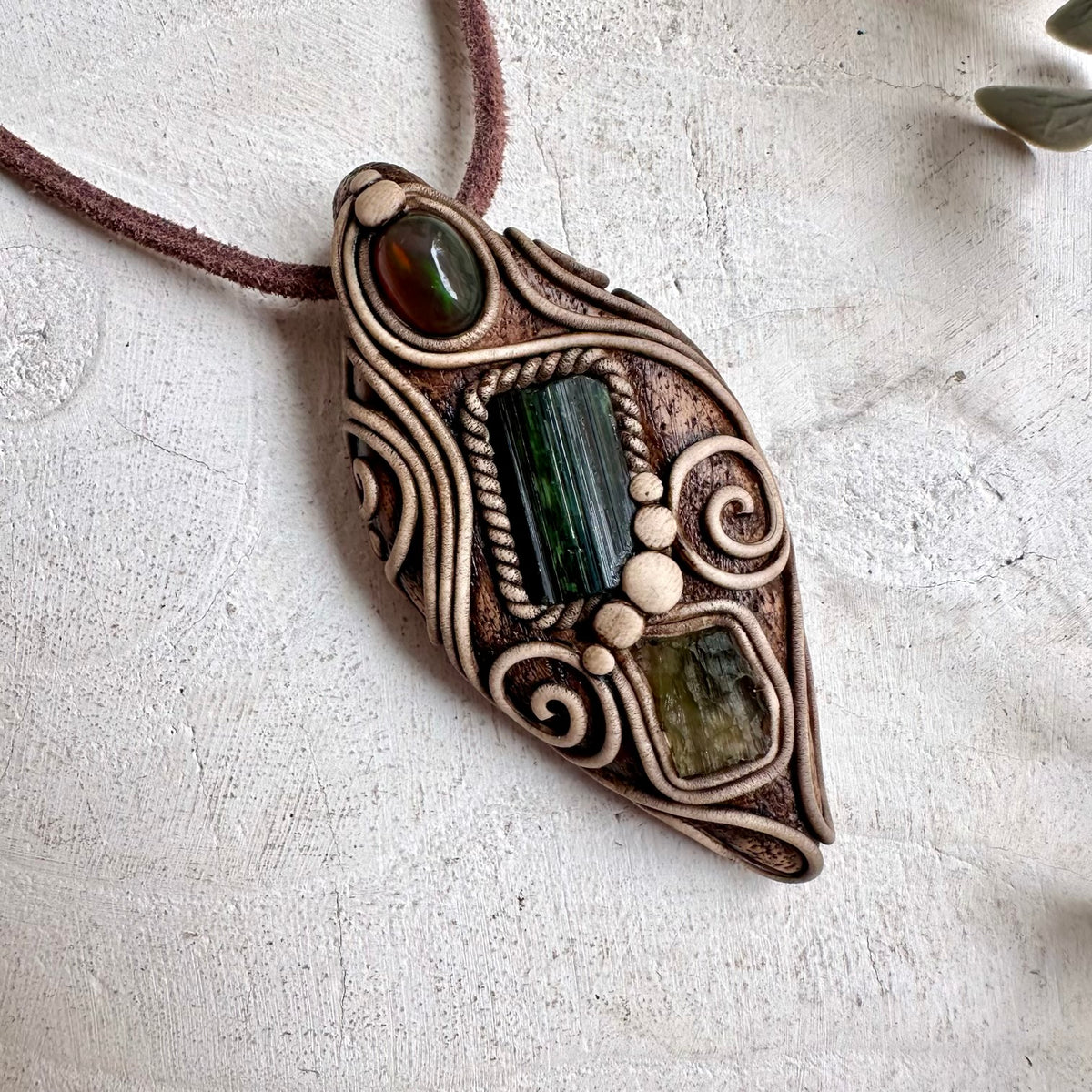 Green Tourmaline with Moldavite and Black Ethiopian Opal Pendant Necklace - Handamde Unisex Protection Amulet