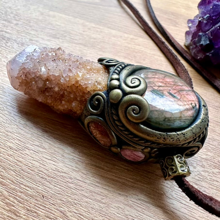 Spirit Quartz Purple Labradorite Sunstone and Rhodochrosite Healing Crystal Talisman / Handmade Crystal Wand-Pendant - FairyGardenGlow