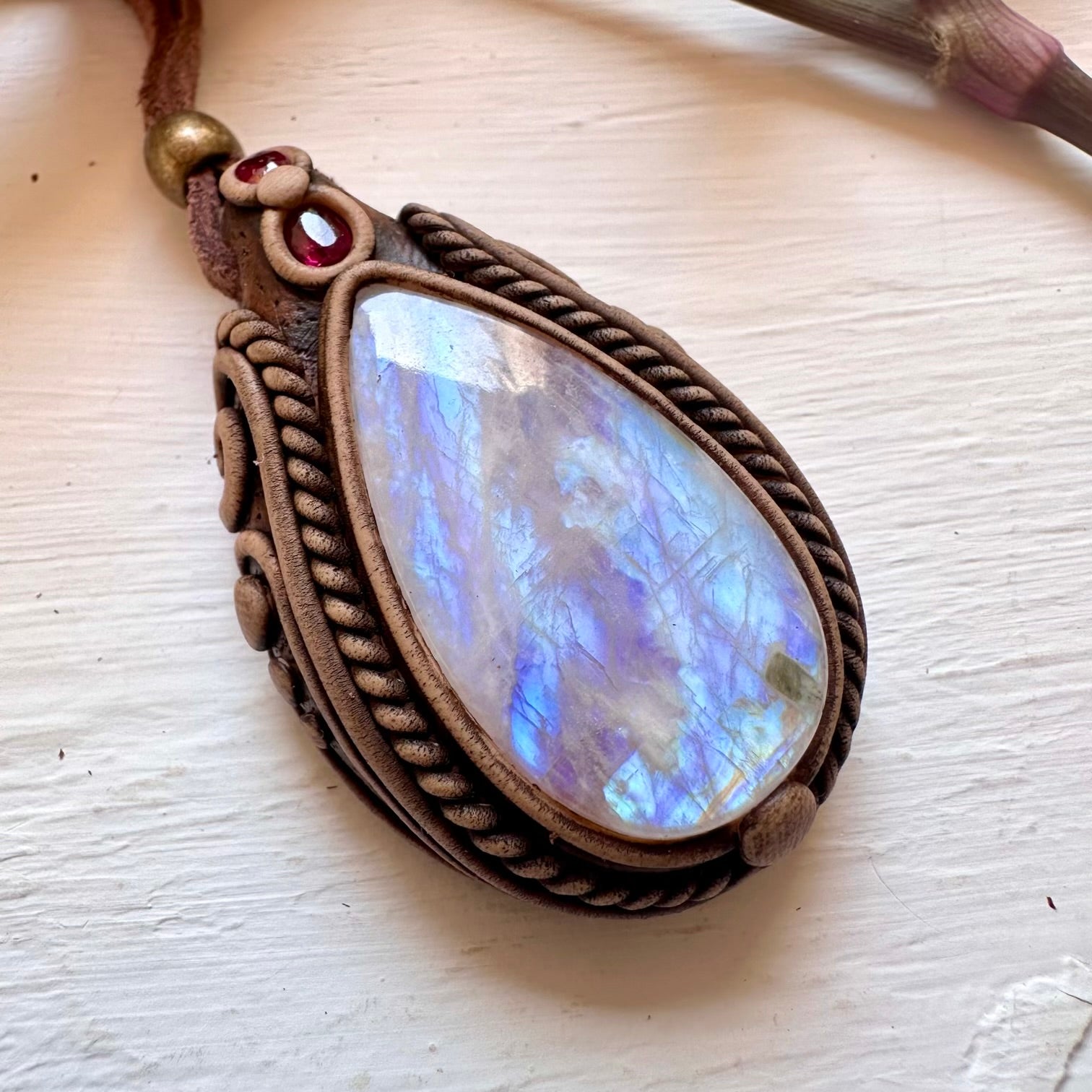 Rainbow Moonstone and Ruby Necklace - FairyGardenGlow