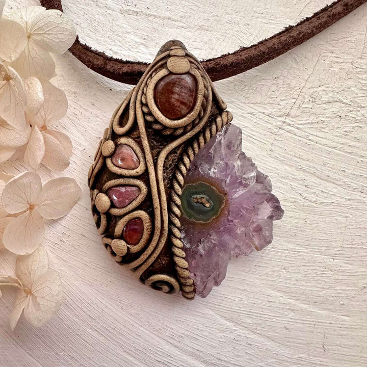 Amethyst Stalactite Sunstone and Pink Tourmaline Pendant Necklace - FairyGardenGlow