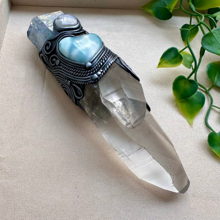 Large Healing Crystal Wand with Lemurian Seed Quartz, Aqua Aura Quartz, Larimar Heart and Rainbow Moonstone FairyGardenGlow