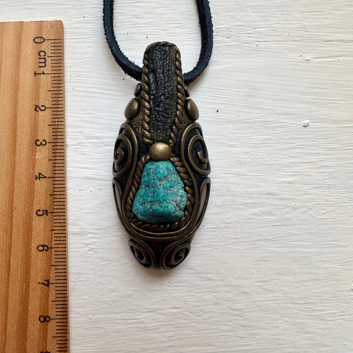 Turquoise and Moldavite Pendant Necklace - FairyGardenGlow