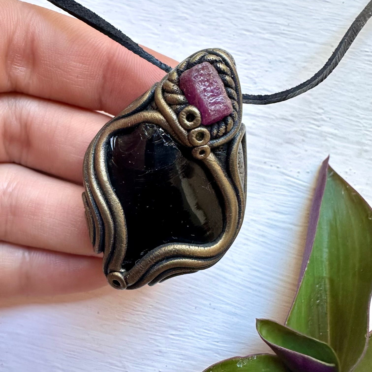 Raw Black Obsidian and Ruby Necklace