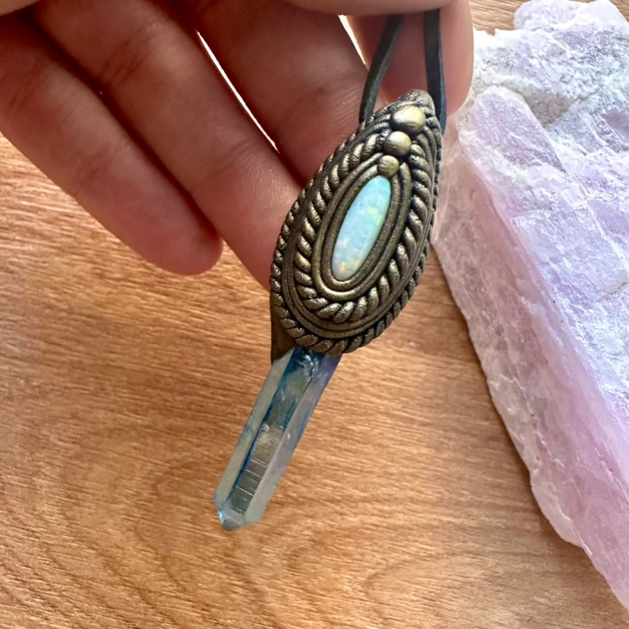 Aqua Aura Quartz and Australian Opal Pendant Necklace - FairyGardenGlow