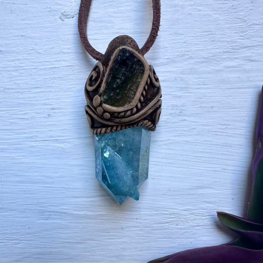 Aqua Aura Quartz and Moldavite Pendant Necklace - FairyGardenGlow