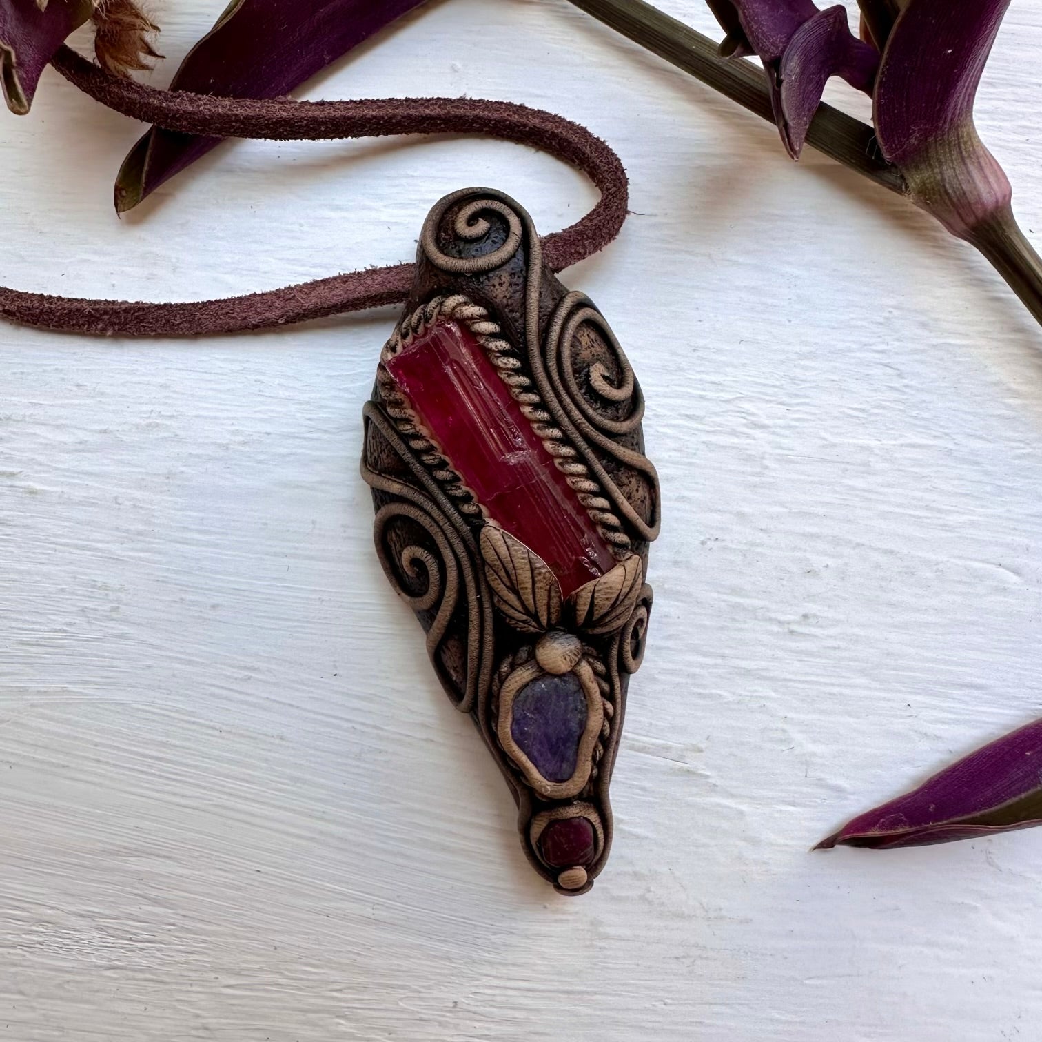 Pink Tourmaline Tanzanite and Ruby Necklace - FairyGardenGlow