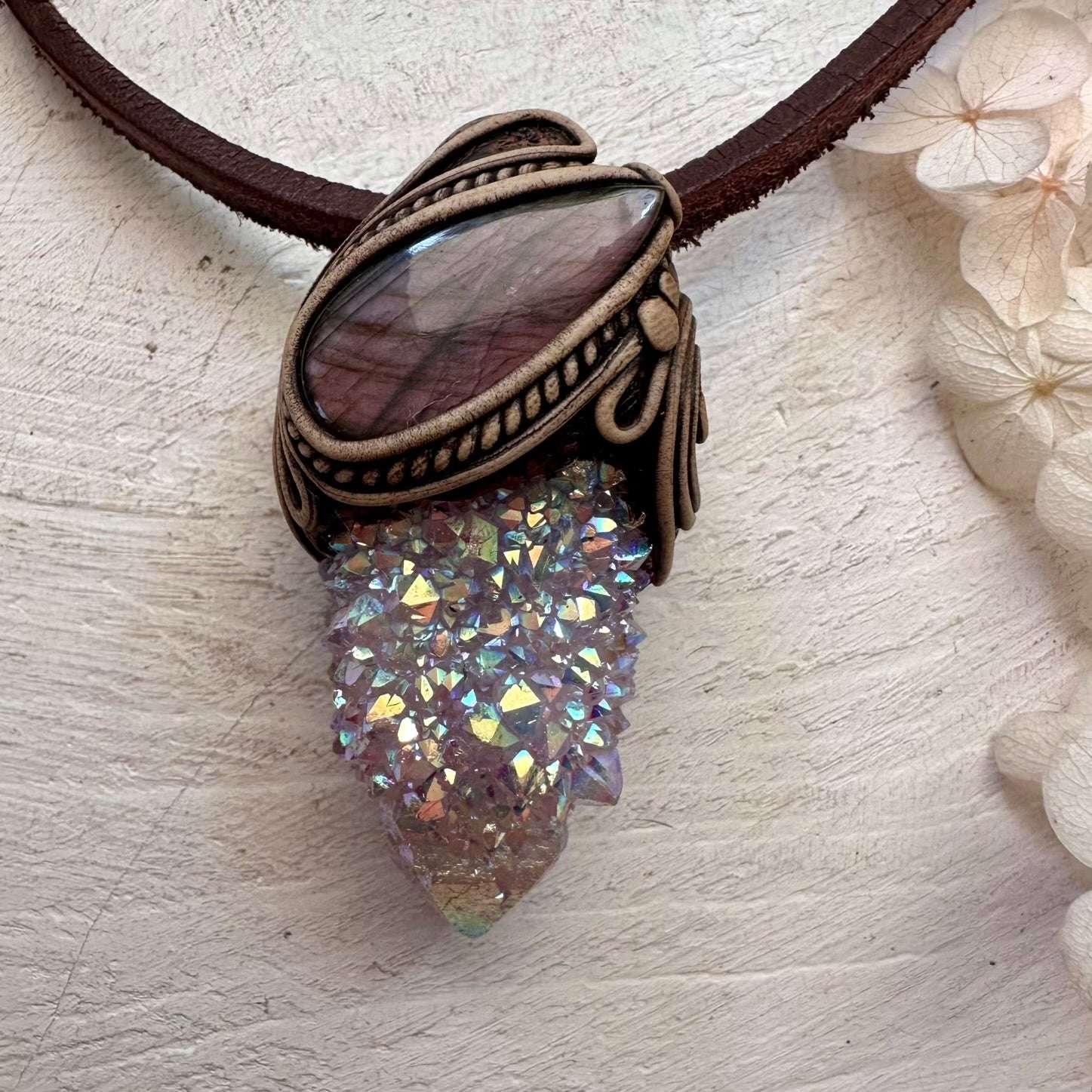 Angel Aura Spirit Quartz and Pink Labradorite Necklace - FairyGardenGlow