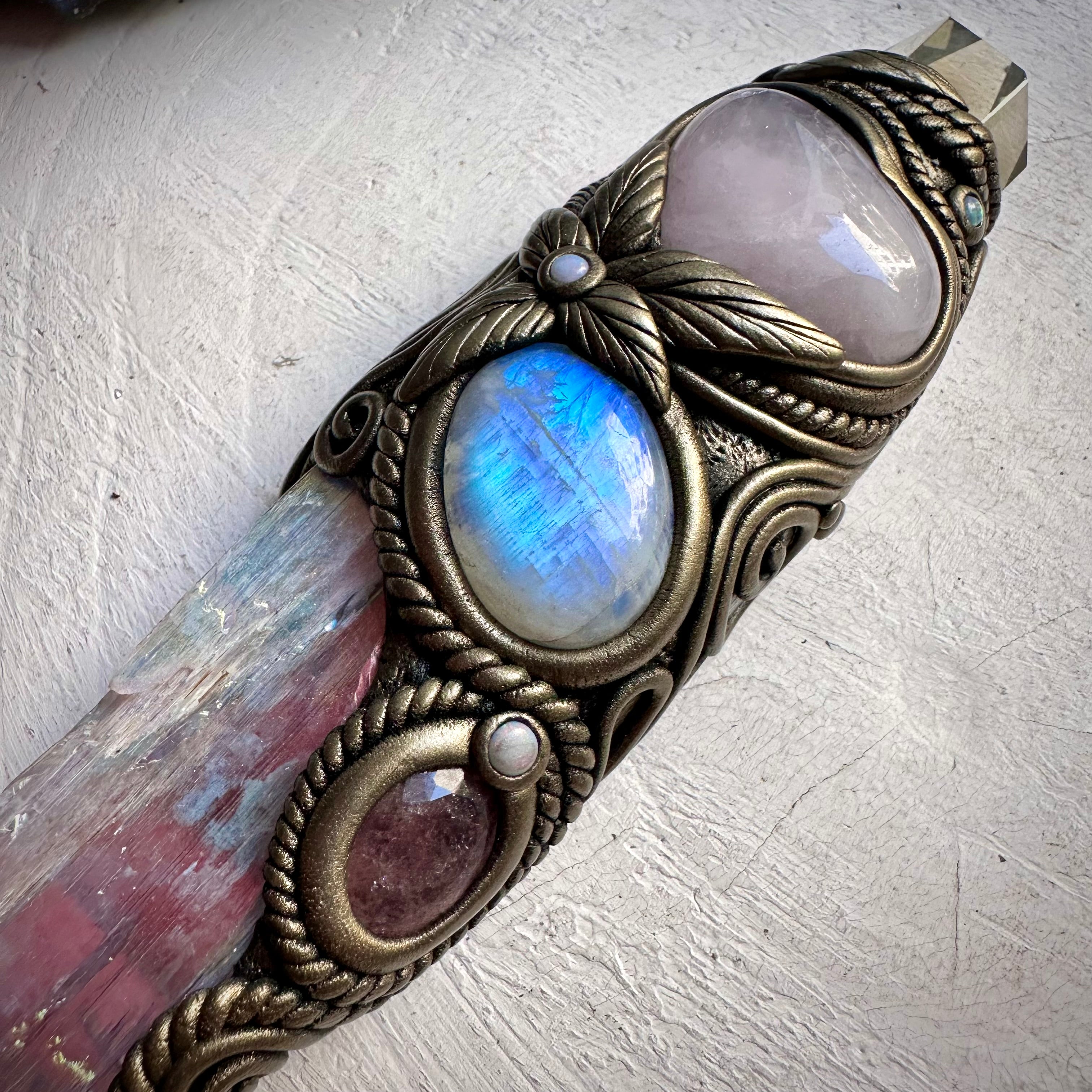 Angel Aura Kunzite with Citrine Point Rose Quartz Heart Strawberry Quartz Rainbow Moonstone and Australian Opal Wand - FairyGardenGlow