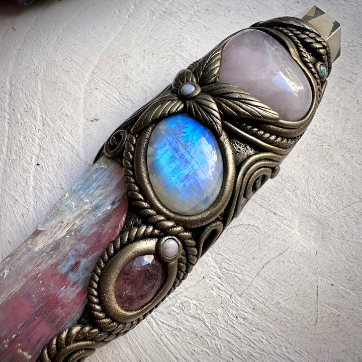 Angel Aura Kunzite with Citrine Point Rose Quartz Heart Strawberry Quartz Rainbow Moonstone and Australian Opal Wand - FairyGardenGlow