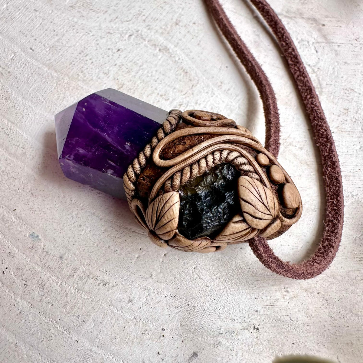 Polished Amethyst and Raw Moldavite Pendant Necklace - Healing Crystal Amulet
