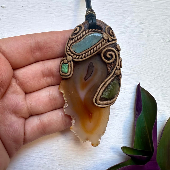 Agate Aquamarine Moldavite and Tibetan Turquoise Pendant Necklace - FairyGardenGlow