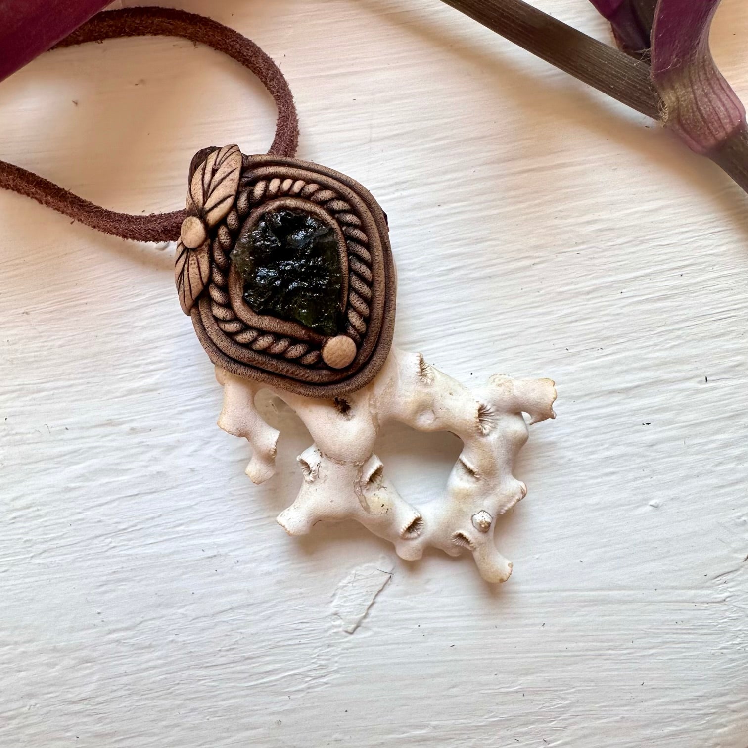 White Coral and Moldavite Pendant Necklace - FairyGardenGlow