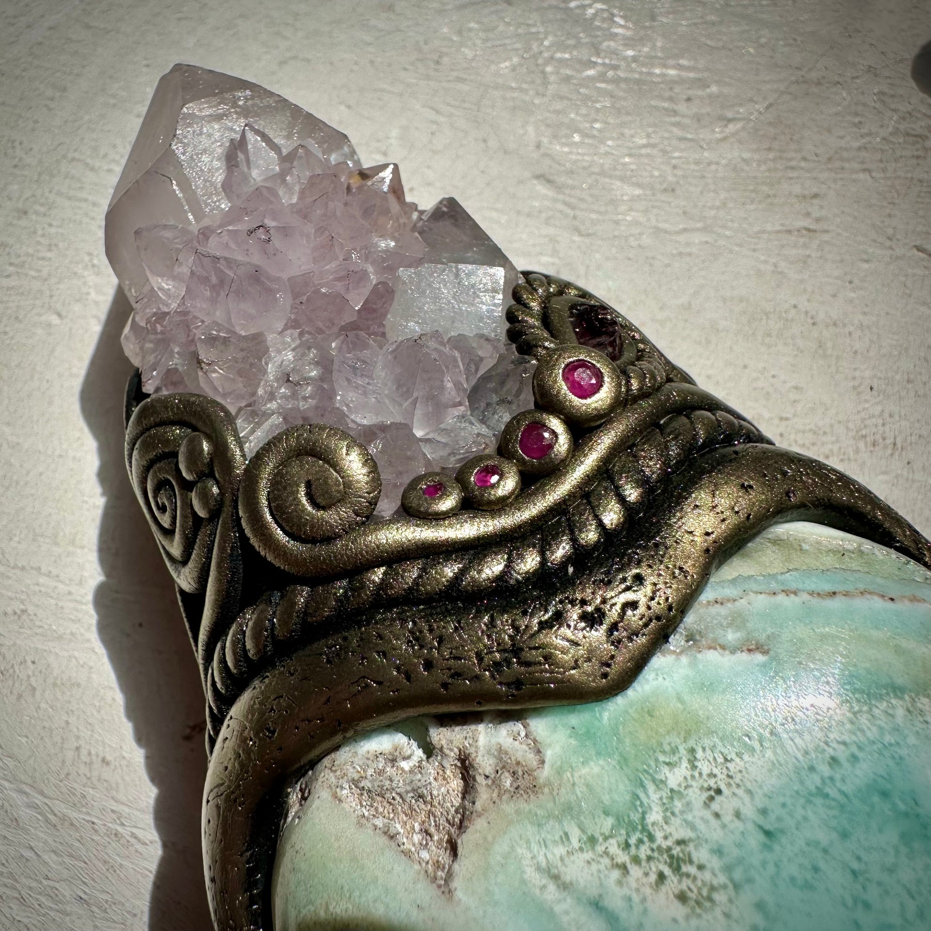 Angel Aura Lemurian Quartz Spirit Quartz Caribbean Calcite Heart Morganite Opal Spinel and Ruby Wand - FairyGardenGlow