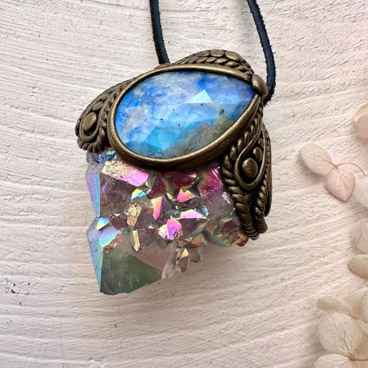 Angel Aura Spirit Quartz and Rainbow Moonstone Pendant - FairyGardenGlow