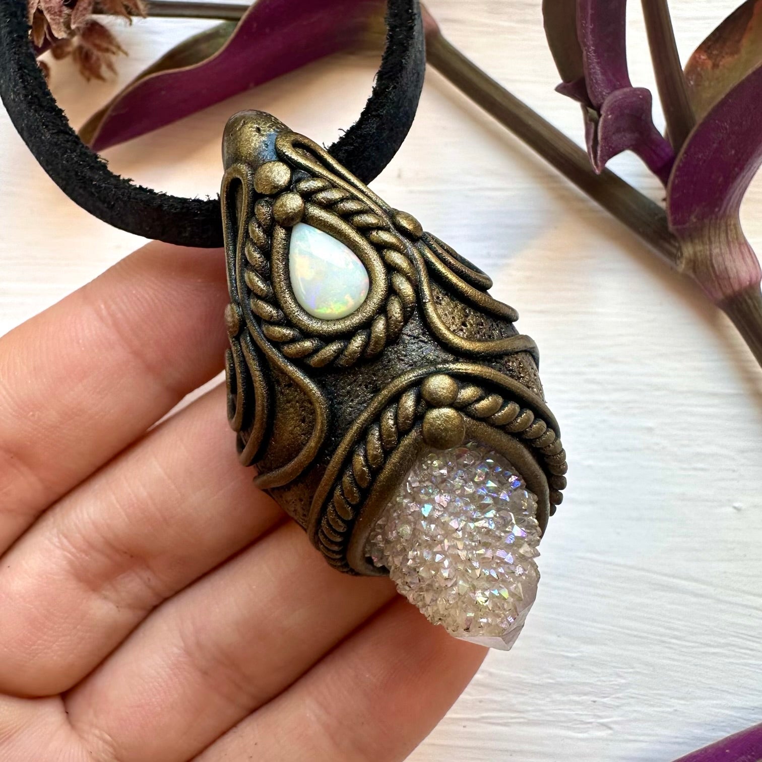 Angel Aura Spirit Quartz and Australian Opal Necklace - FairyGardenGlow