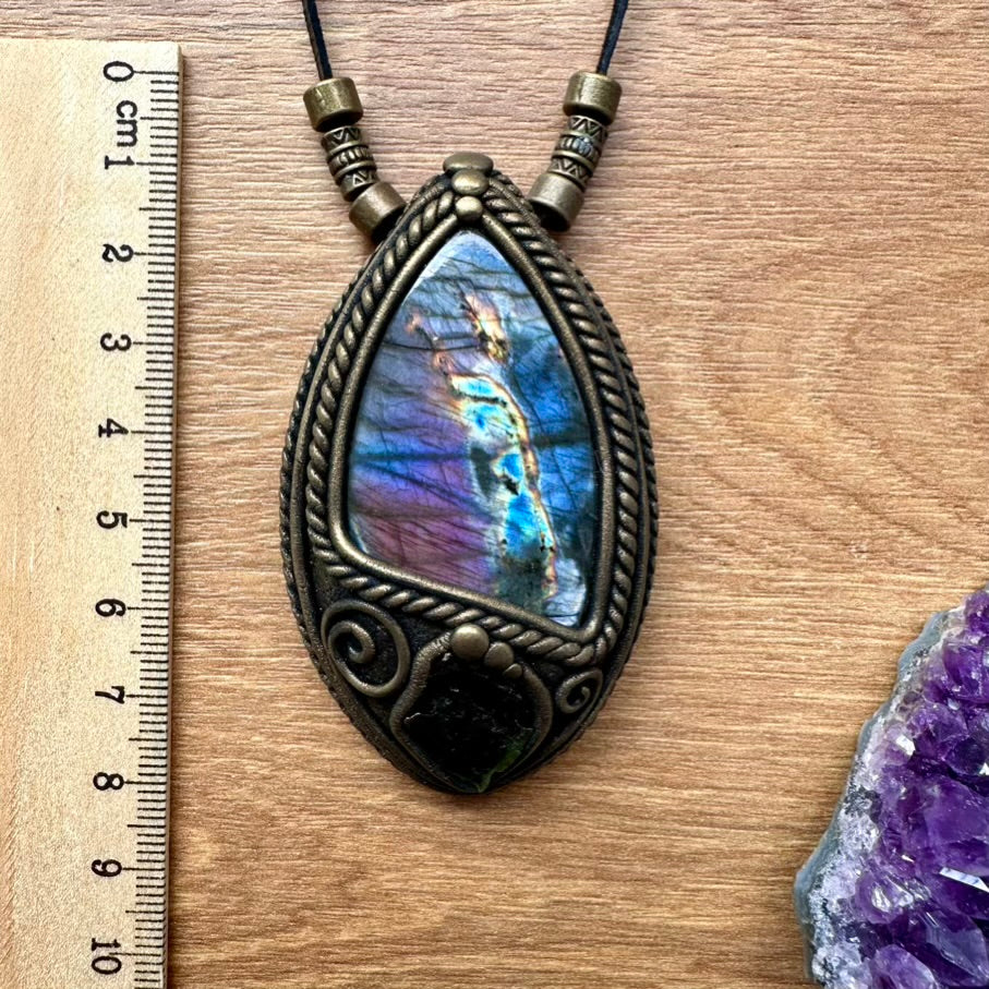 Purple Labradorite and Moldavite Necklace, Handmade Protection Amulet - FairyGardenGlow