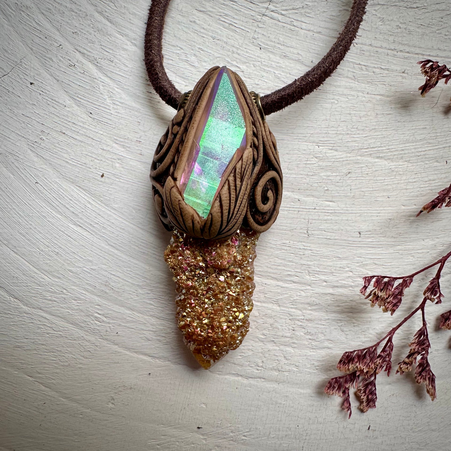 Sunset Aura Spirit Quartz and Angel Aura Quartz Necklace