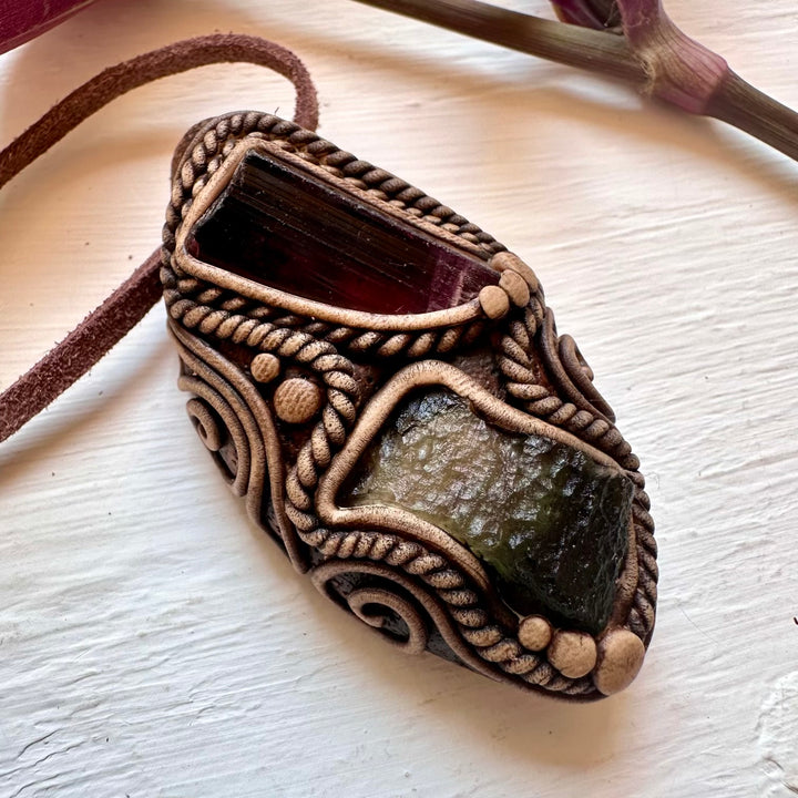 Rubellite Tourmaline and Moldavite Pendant Necklace - FairyGardenGlow