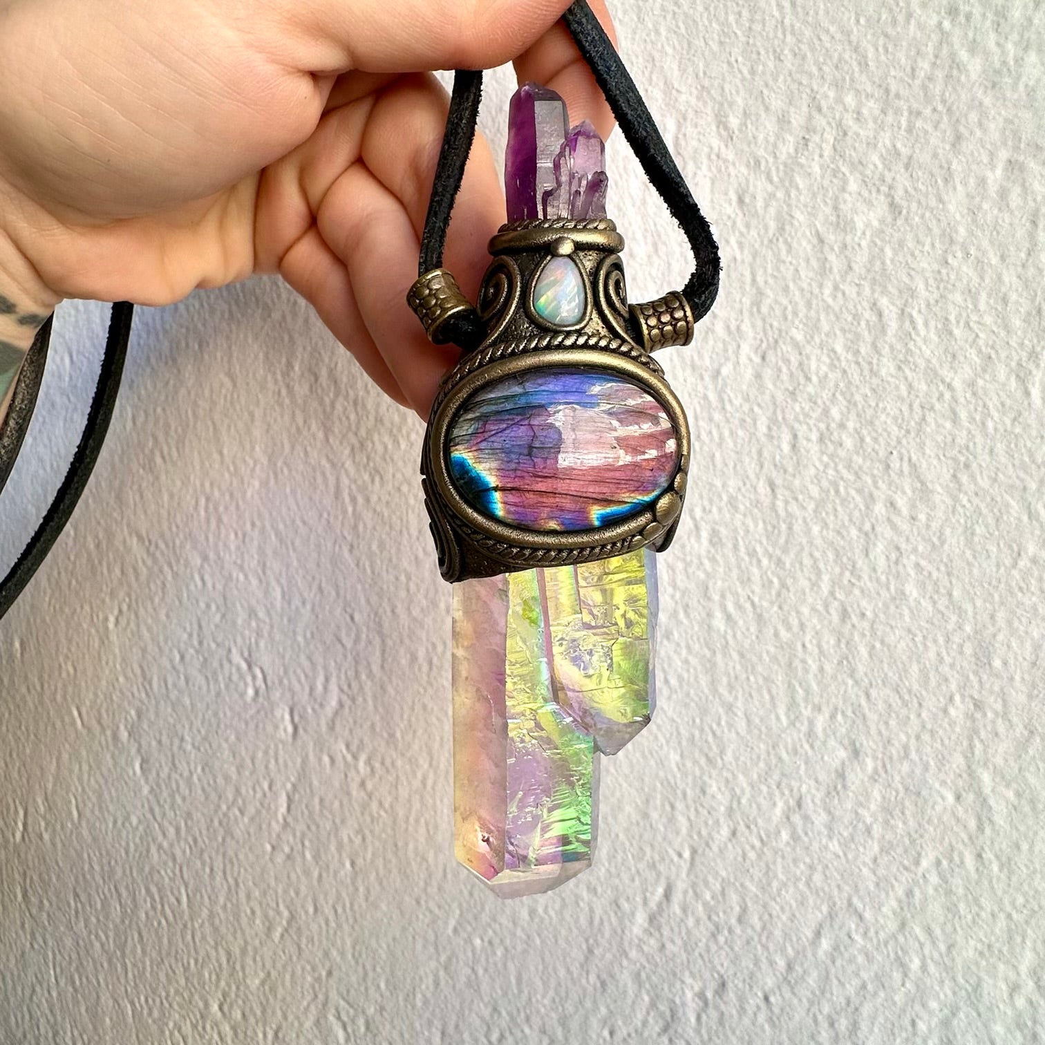 Angel Aura Quartz with Labradorite, Australian Opal and Amethyst Cluster Wand / Pendant
