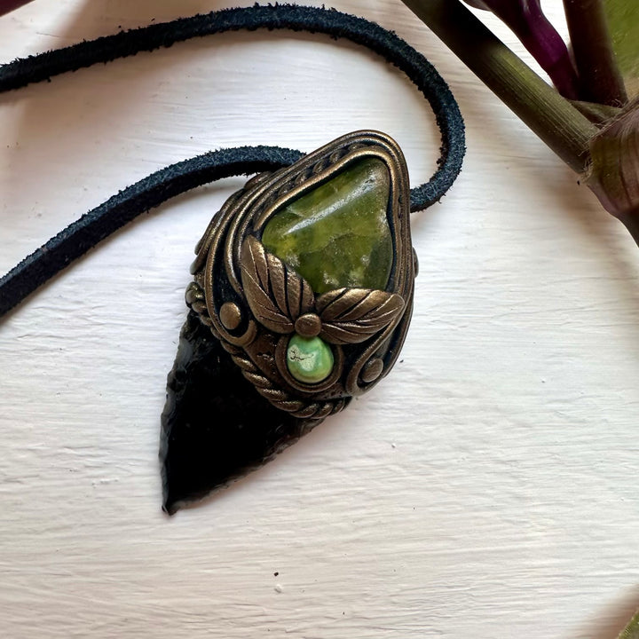 Black Obsidian Arrowhead Vesuvianite and Tibetan Turquoise Pendant - FairyGardenGlow