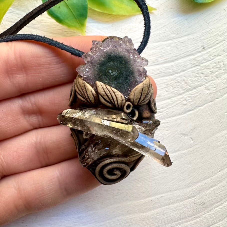 Smoky Quartz Cluster and Amethyst Stalactite Pendant Necklace, Handmade Clay Pendant FairyGardenGlow