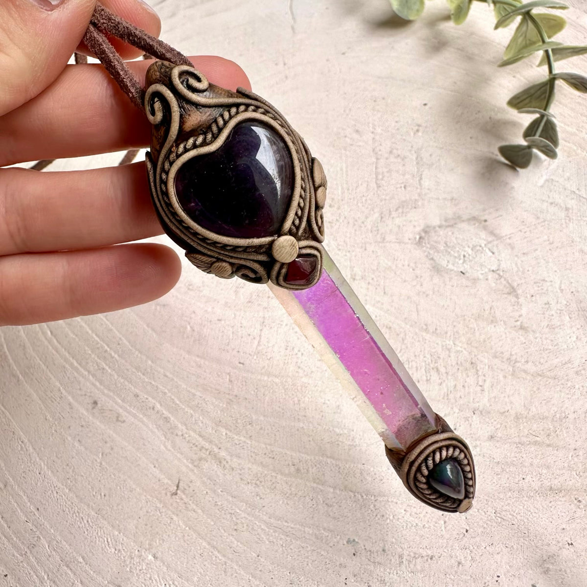 Angel Aura Quartz with Amethyst Heart, Black Ethiopian Opal and Rhodolite Garnet Pendant - Healing Crystal Necklace