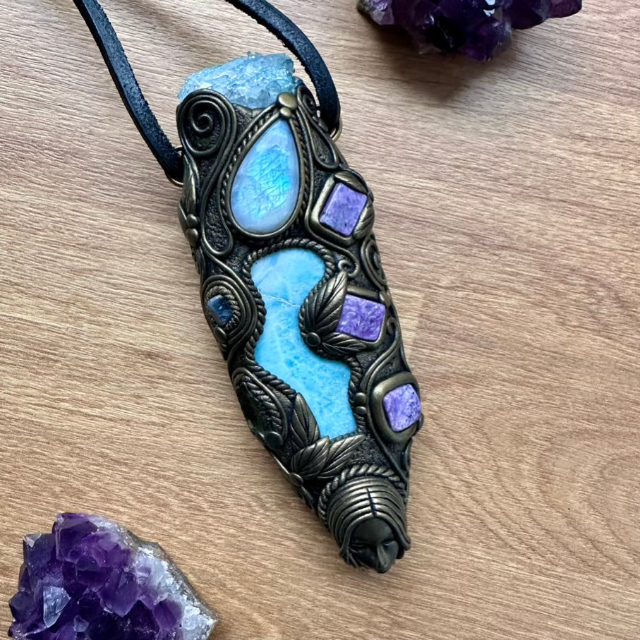 Larimar, Aqua Aura Quartz, Charoite, Rainbow Moonstone, Blue Sapphire and Moldavite Goddess Healing Crystal Talisman / Unique Handmade Wand-Pendant - FairyGardenGlow