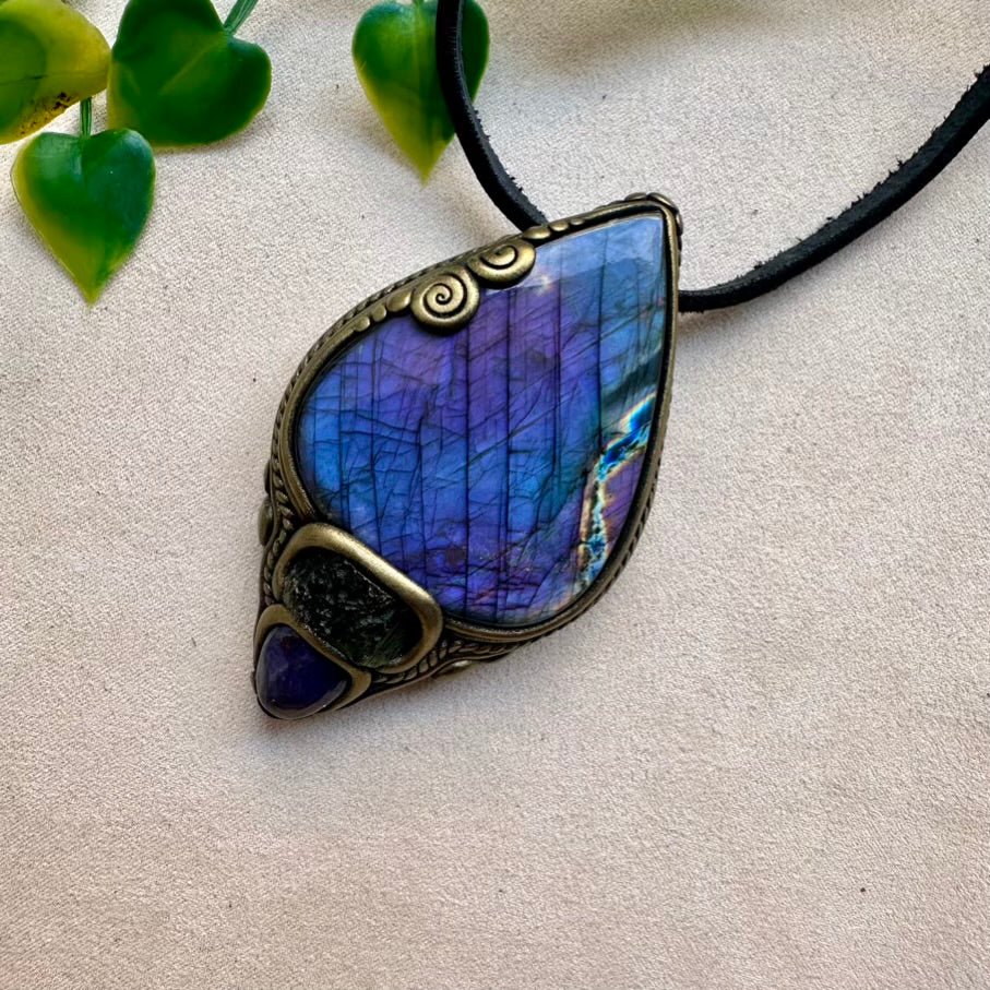 Gorgeous Large Purple Labradorite with Moldavite and Tanzanite Pendant Necklace, Handmade Spiritual Jewelry - FairyGardenGlow