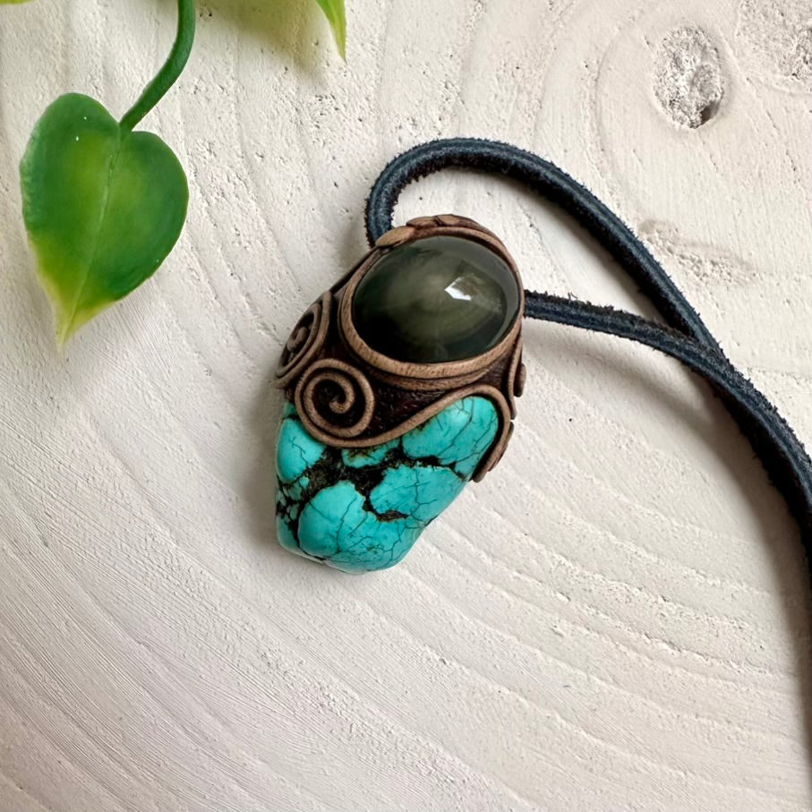 Turquoise Nugget and Rainbow Obsidian Pendant Necklace, Handmade Jewelry